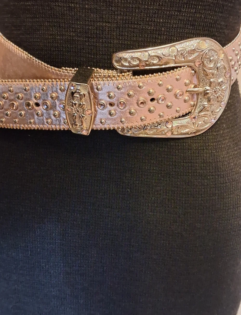 Studded Metallic Rosegold Pink Western Belt with Ornate Buckle 29 To 33 Inches